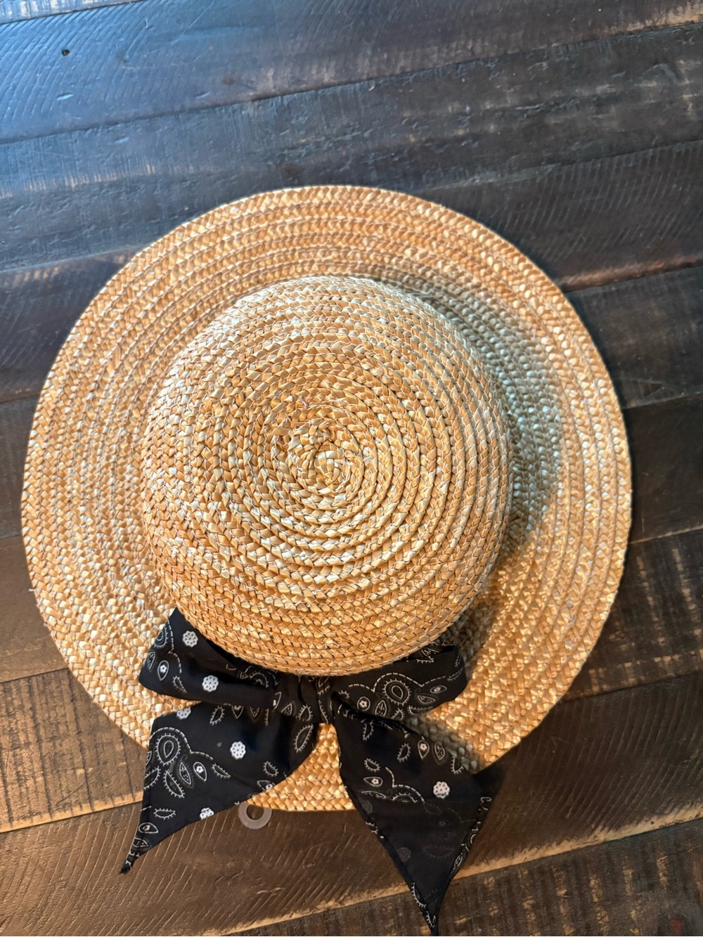 Lightweight Feminine Straw Sun Hat with Black Floral Bandana Bow - Picture 2 of 7